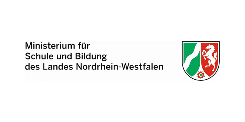 Logo: Schriftzug: Ministerium für Schule und Bildung des Landes Nordrhein-Westfalen. Rechts daneben das Wappen des Landes NRW.