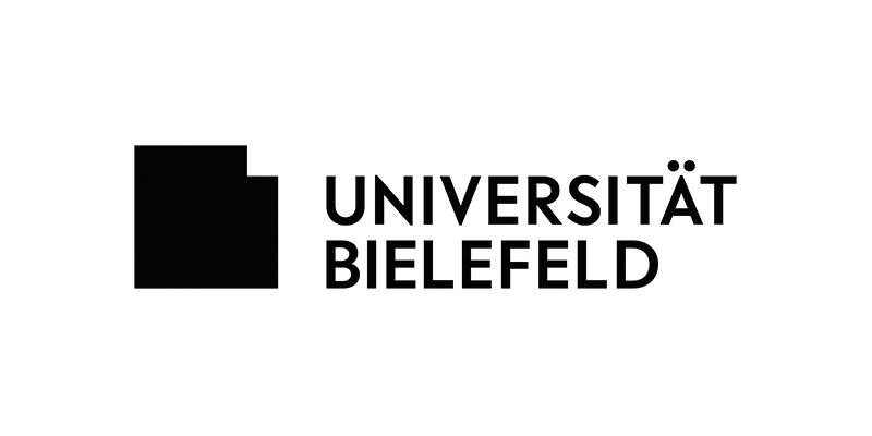 Logo: Schriftzug: Universität Bielefeld. Links daneben ist ein Quadrat, dem an einer Ecke ein kleineres Quadrat fehlt.
